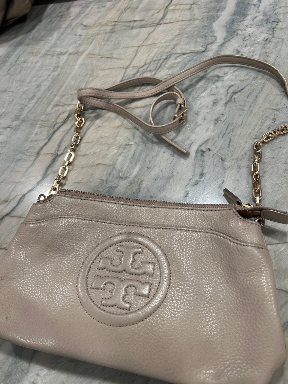 Tory Burch Pebbled Leather Crossbody in Light Taupe with Gold Chain